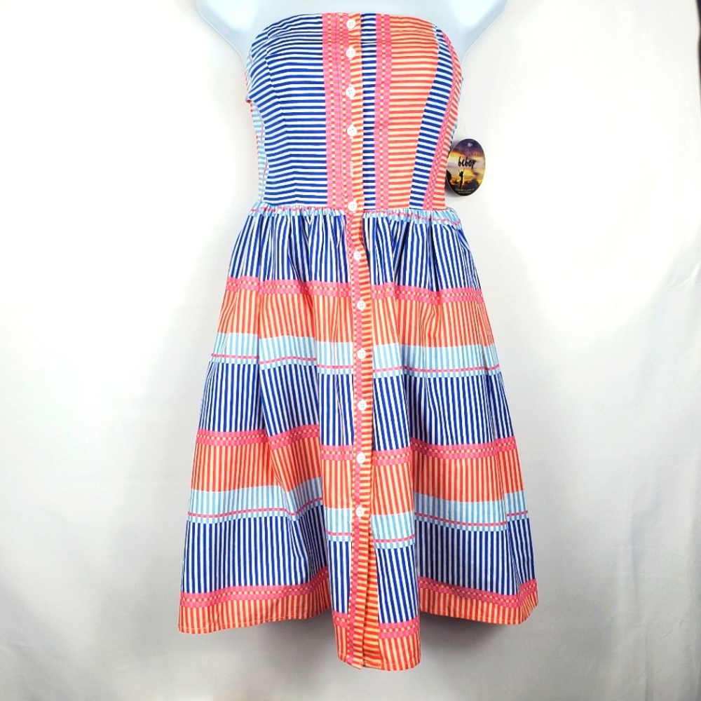 BeBop Coral/Blue Striped Strapless Dress M